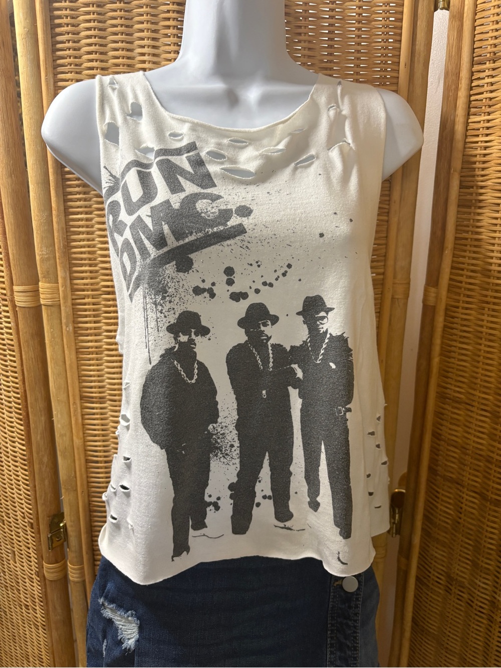 Run DMC Vintage Distressed Graphic Muscle Tank with Black Print